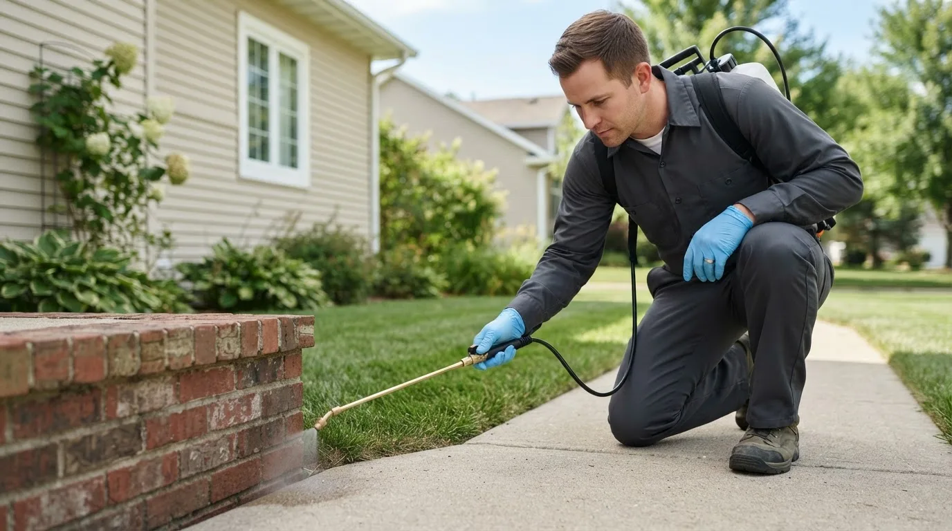 Pest control technician treating a home near Potosi, MO